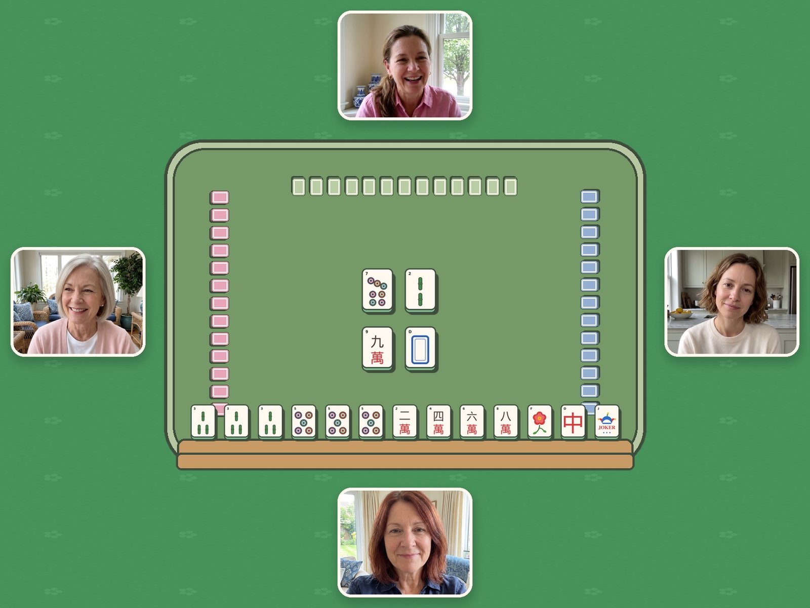 Four players around a mahjong table, each one in their own home